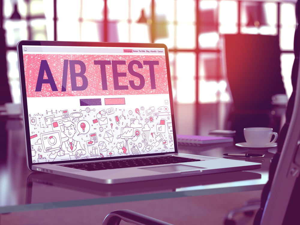 AB Test Concept. Closeup Landing Page on Laptop Screen in Doodle Design Style. On Background of Comfortable Working Place in Modern Office. Blurred, Toned Image. 3d Render.