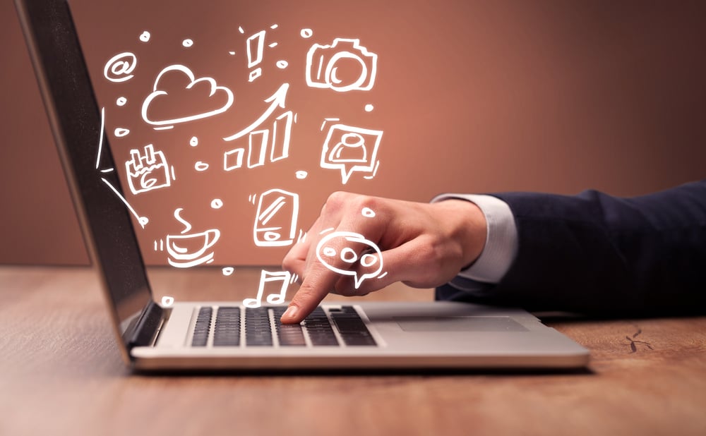 An elegant businessman sitting at desk and pushing the buttons of his laptop keyboard while working on everyday office tasks illustration concept-1