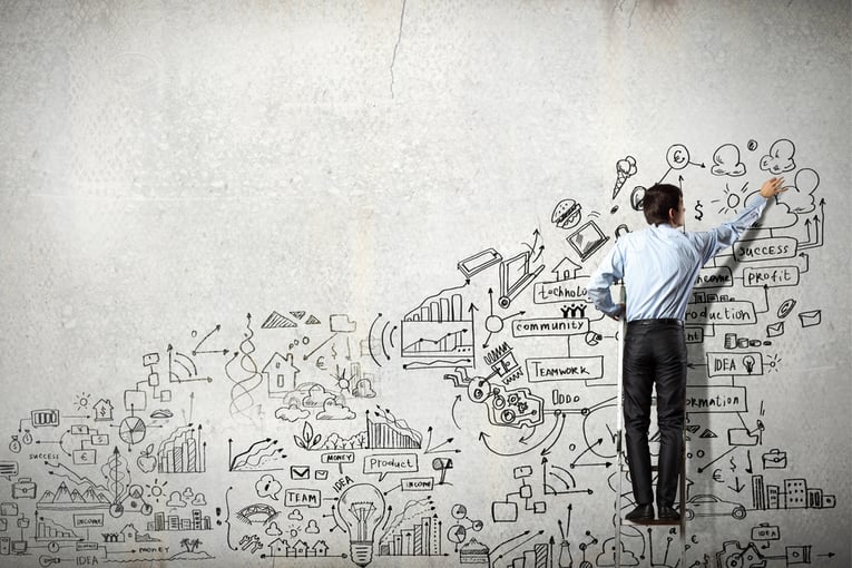 Back view of businessman drawing sketch on wall-1