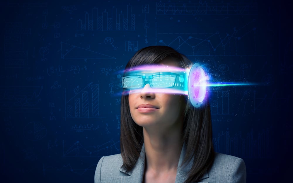 Woman from future with high tech smartphone glasses concept