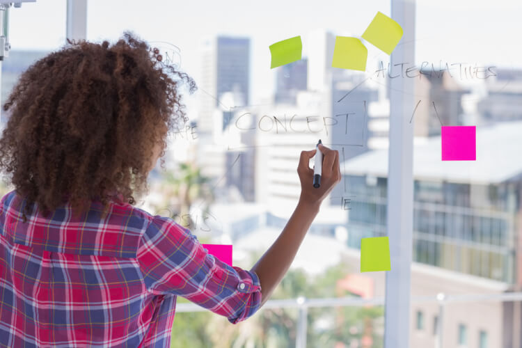 Woman drawing on flowchart with sticky notes in bright office